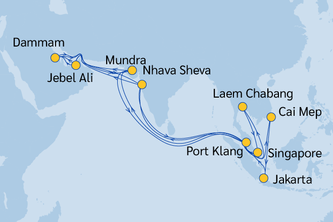 Map of ESL's Southeast Asia Gulf India service (SGI)