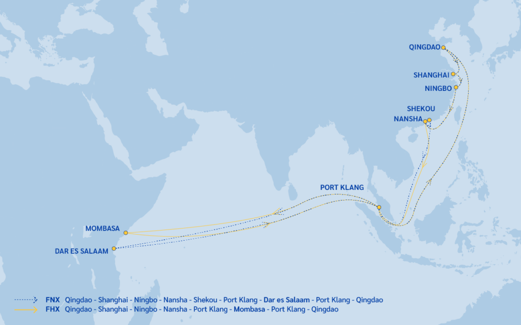 Service route maps of ESL's FHX and FNX services connecting the Far East and East Africa